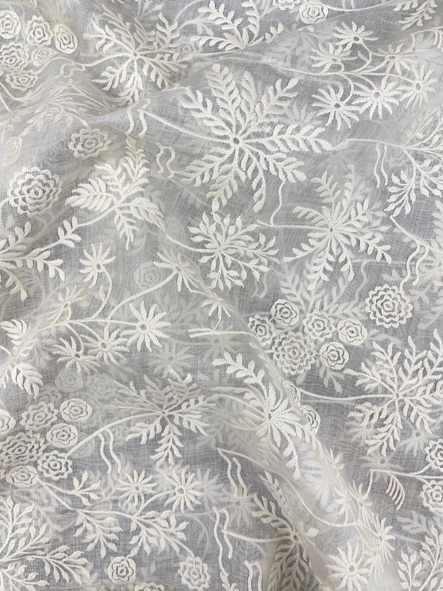 Beautiful Classic Magnificent Floral White Thread Embroidery On White Dyeable Chanderi Silk Fabric