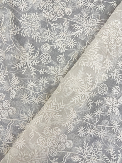 Beautiful Classic Magnificent Floral White Thread Embroidery On White Dyeable Chanderi Silk Fabric