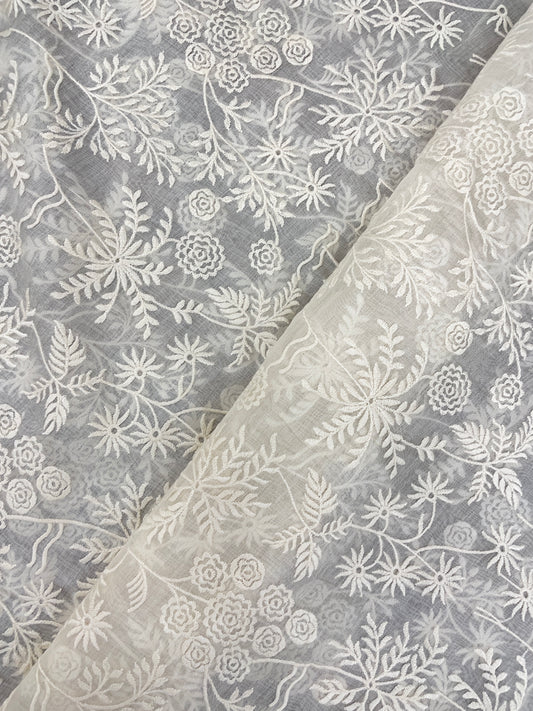 Beautiful Classic Magnificent Floral White Thread Embroidery On White Dyeable Chanderi Silk Fabric