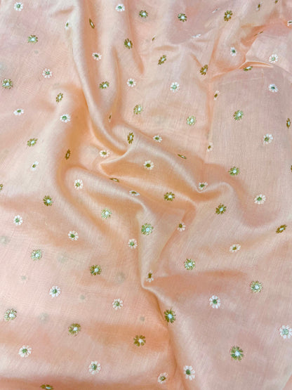 Delicate Pleasing Dainty Floral Thread Embroidery With Golden Foil Work On Chanderi Silk Fabric