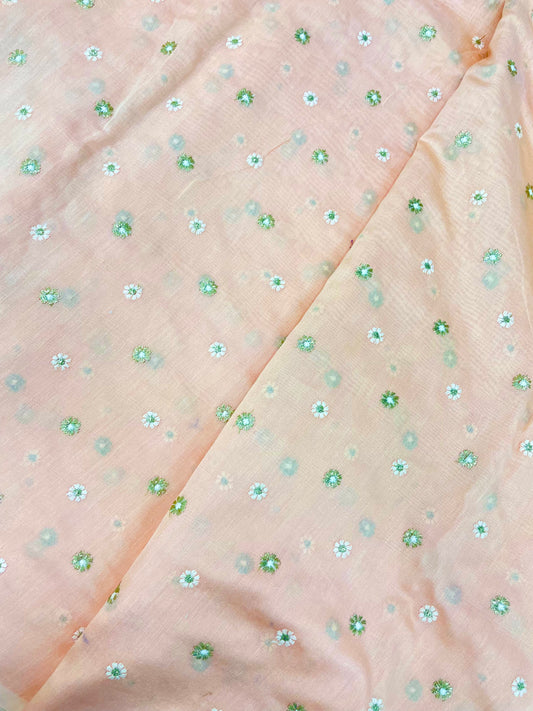 Delicate Pleasing Dainty Floral Thread Embroidery With Golden Foil Work On Chanderi Silk Fabric