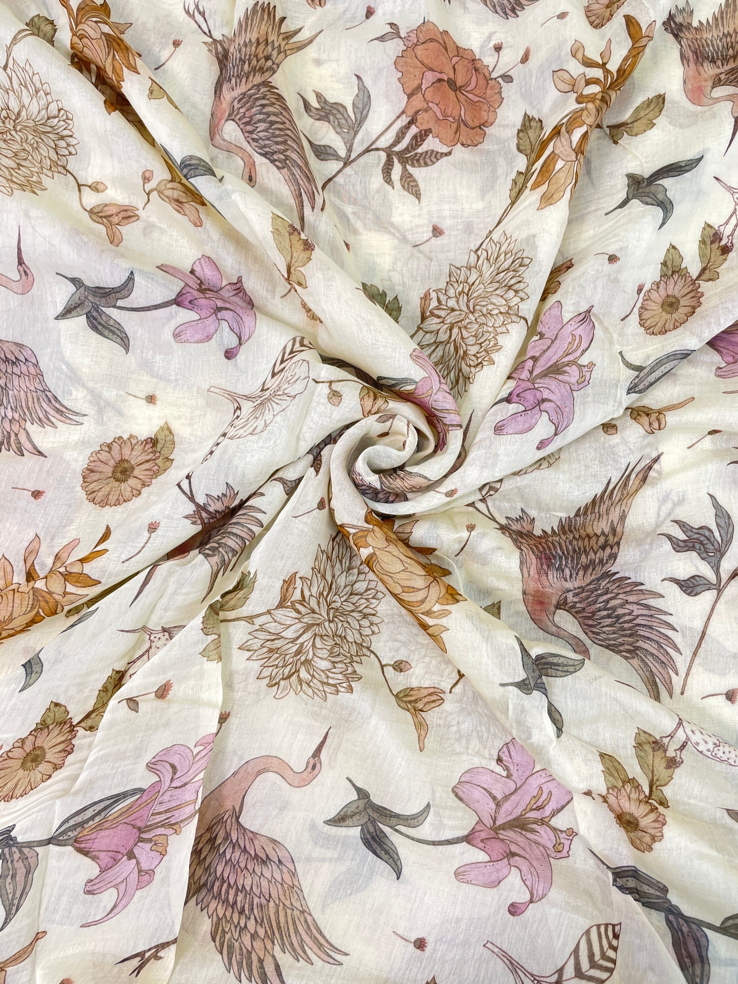 Attractive Gorgeous Pink And Browns Unique Flowers With Birds Print On Chanderi Fabric