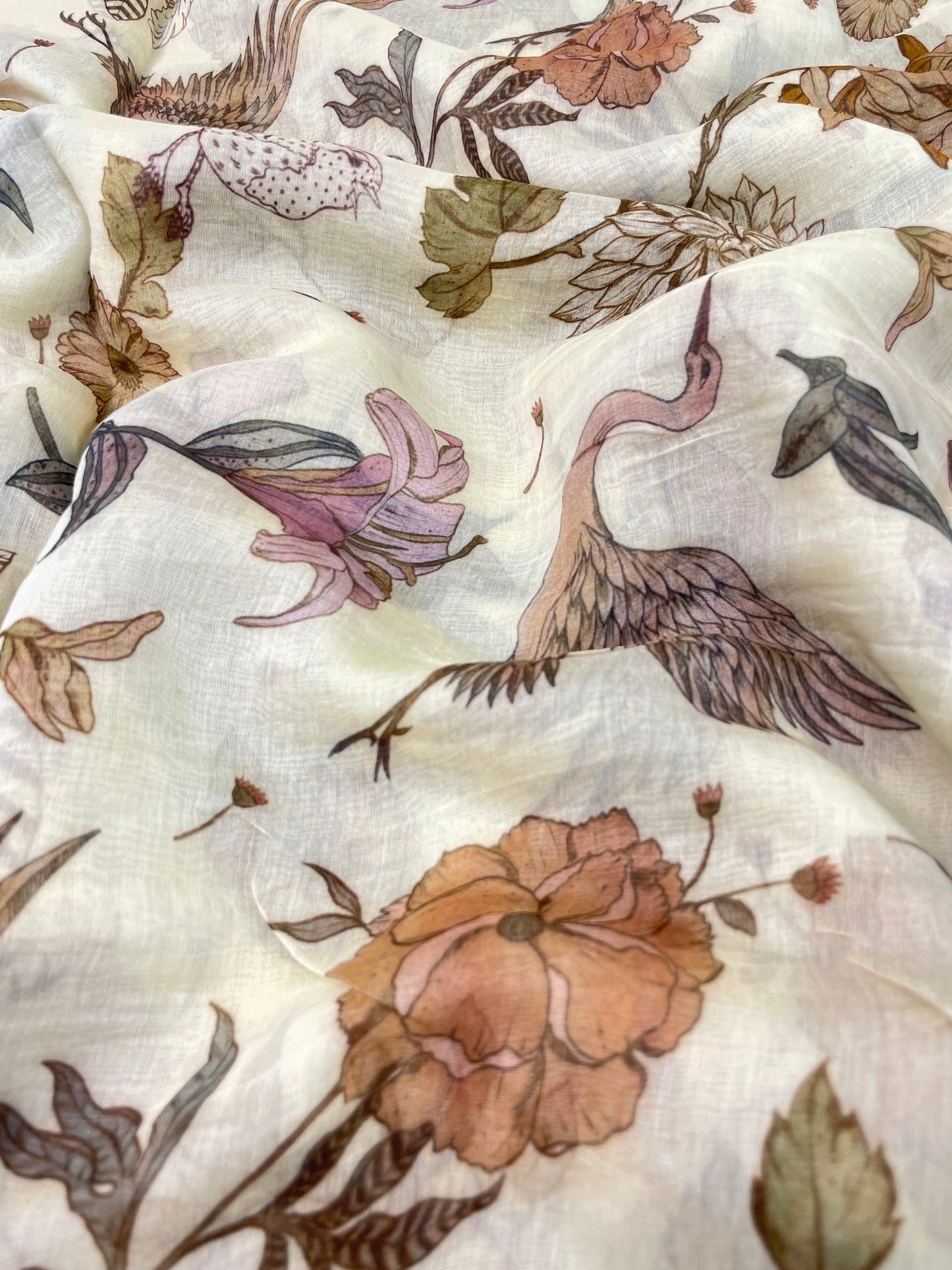 Attractive Gorgeous Pink And Browns Unique Flowers With Birds Print On Chanderi Fabric