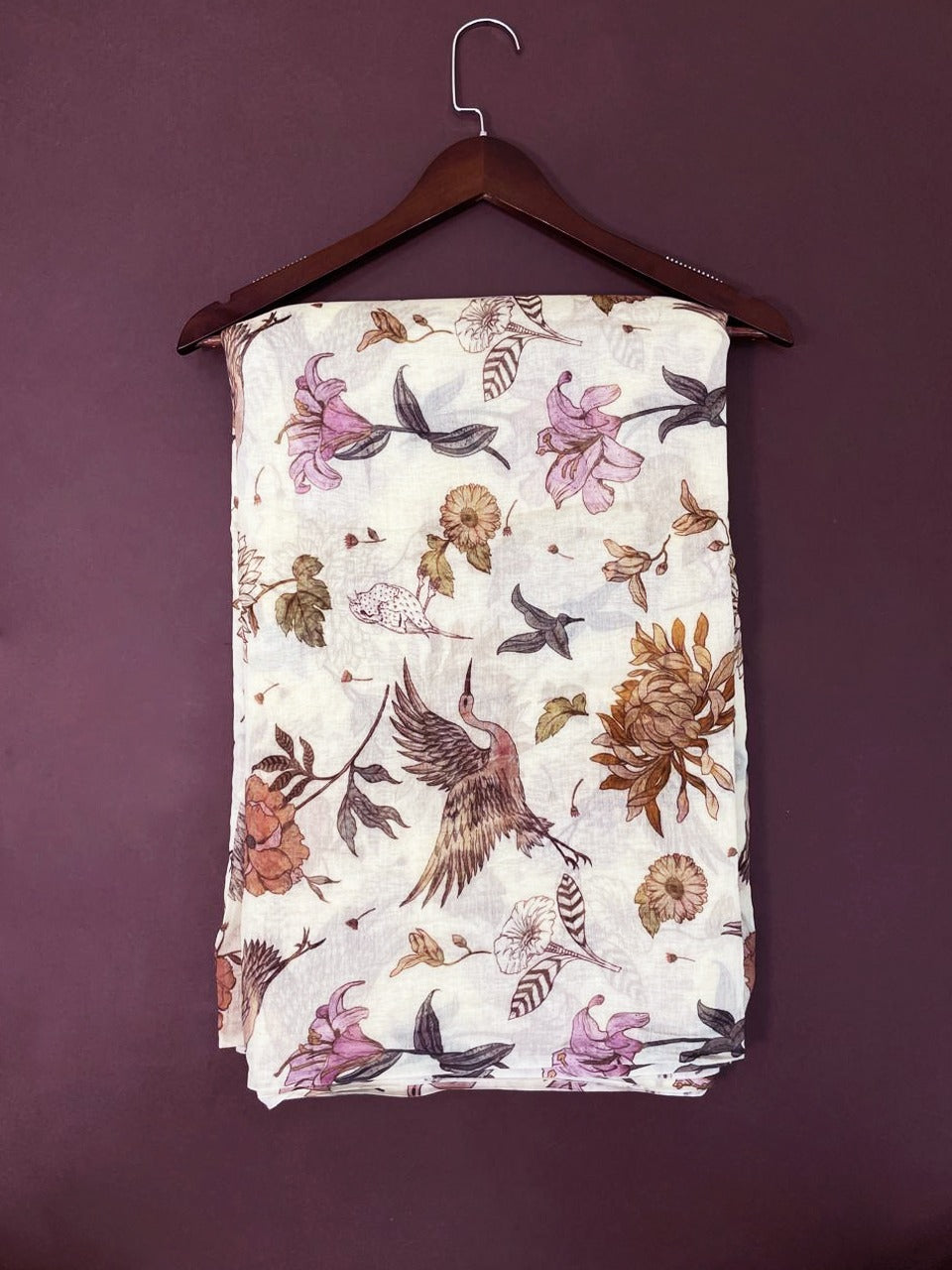 Attractive Gorgeous Pink And Browns Unique Flowers With Birds Print On Chanderi Fabric