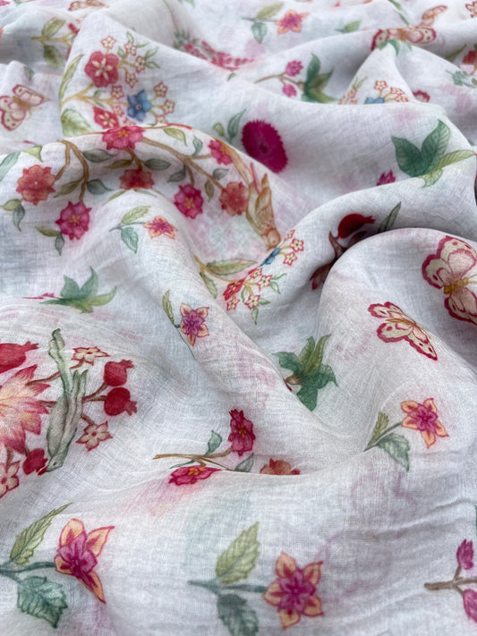 Magnificent Pretty Pink Flowers With Butterfly And Leafy Print On Chanderi Fabric