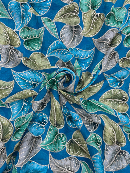 Stunning Marvelous Colorful Leafy Print With Zari And Sequin Work On Chinon Fabric