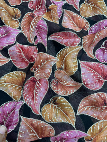 Stunning Marvelous Colorful Leafy Print With Zari And Sequin Work On Chinon Fabric