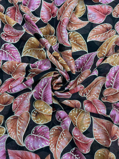 Stunning Marvelous Colorful Leafy Print With Zari And Sequin Work On Chinon Fabric