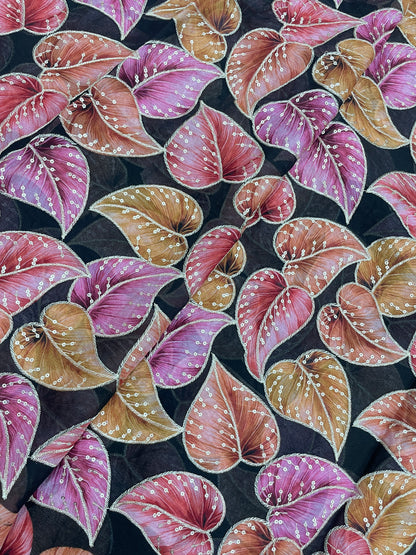 Stunning Marvelous Colorful Leafy Print With Zari And Sequin Work On Chinon Fabric