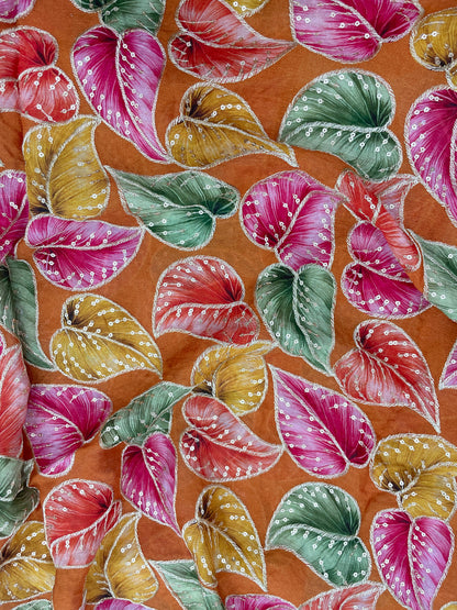 Stunning Marvelous Colorful Leafy Print With Zari And Sequin Work On Chinon Fabric