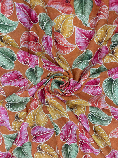 Stunning Marvelous Colorful Leafy Print With Zari And Sequin Work On Chinon Fabric