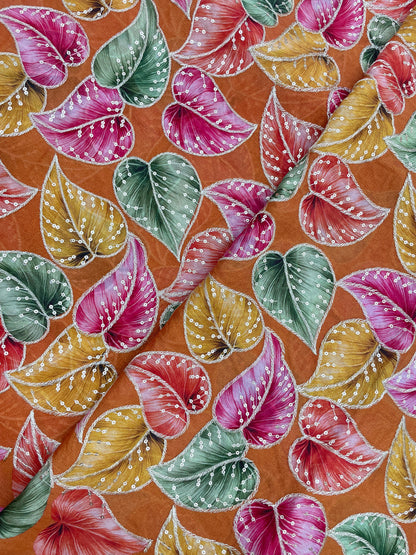 Stunning Marvelous Colorful Leafy Print With Zari And Sequin Work On Chinon Fabric