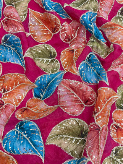 Stunning Marvelous Colorful Leafy Print With Zari And Sequin Work On Chinon Fabric