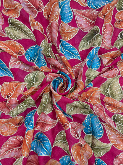 Stunning Marvelous Colorful Leafy Print With Zari And Sequin Work On Chinon Fabric