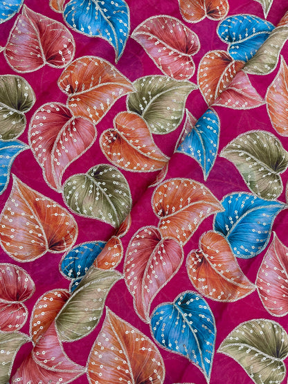 Stunning Marvelous Colorful Leafy Print With Zari And Sequin Work On Chinon Fabric