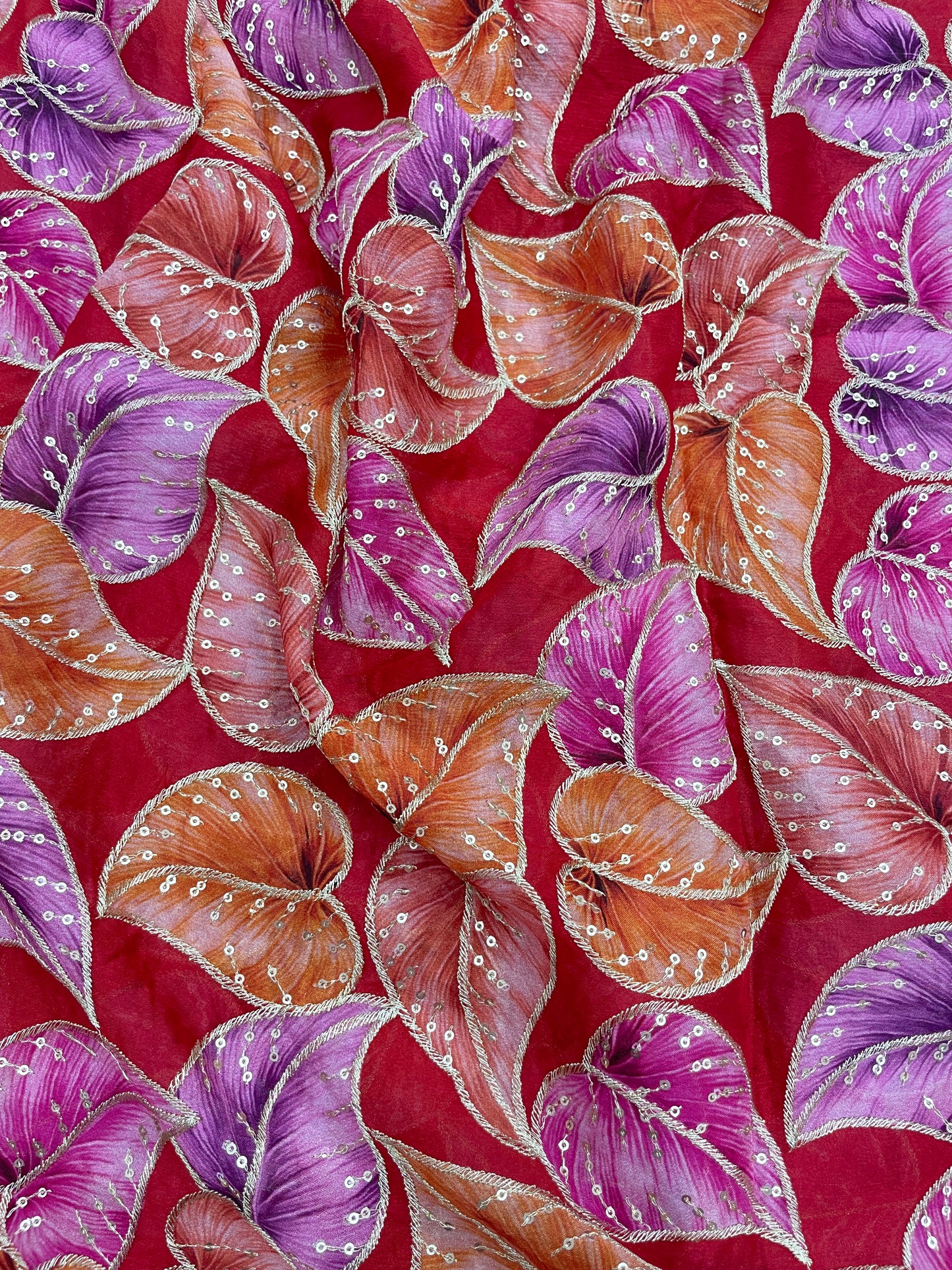 Stunning Marvelous Colorful Leafy Print With Zari And Sequin Work On Chinon Fabric