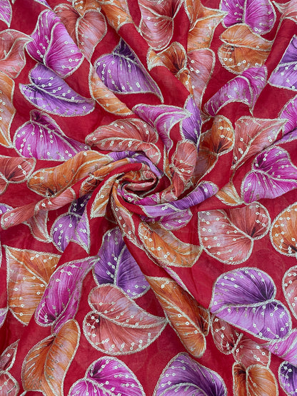 Stunning Marvelous Colorful Leafy Print With Zari And Sequin Work On Chinon Fabric