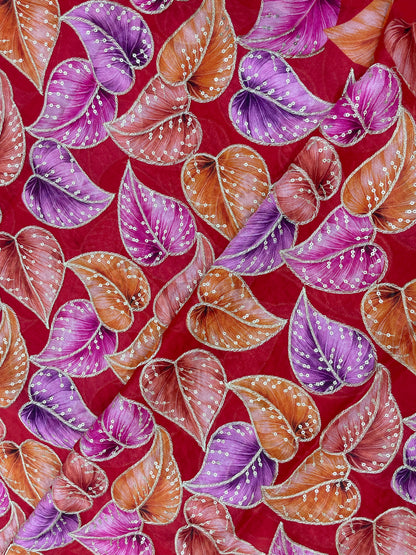 Stunning Marvelous Colorful Leafy Print With Zari And Sequin Work On Chinon Fabric