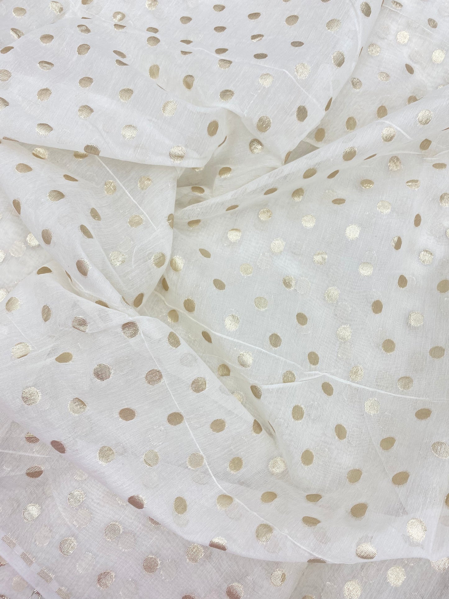 Beautiful Pretty Golden Zari Polka Dot Work On Dyeable Banarasi Chanderi Jacquard Fabric