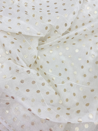 Beautiful Pretty Golden Zari Polka Dot Work On Dyeable Banarasi Chanderi Jacquard Fabric