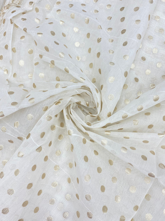Beautiful Pretty Golden Zari Polka Dot Work On Dyeable Banarasi Chanderi Jacquard Fabric