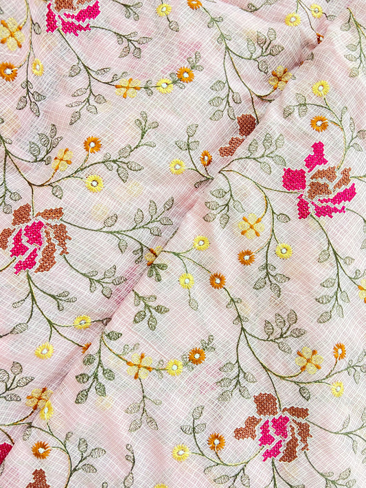 Subtle Yet Elegant Minimal Floral Thread Embroidery On Cotton Kota Fabric