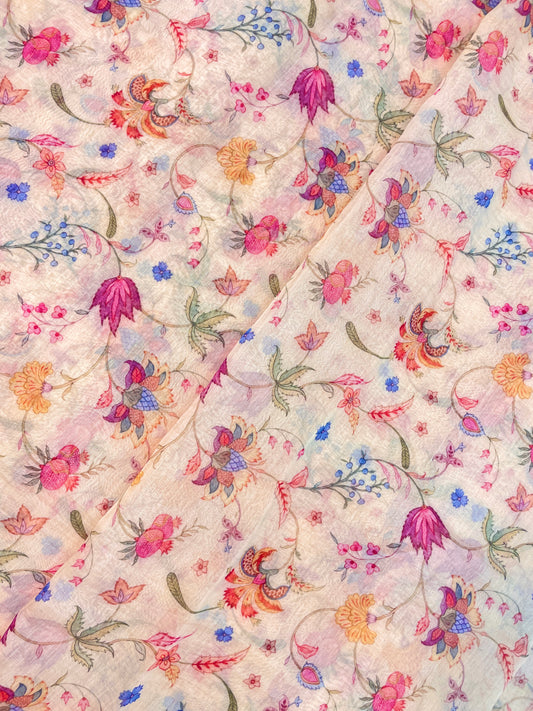 Beautiful Classic Multi Color Ethnic Floral Print On Chanderi Fabric