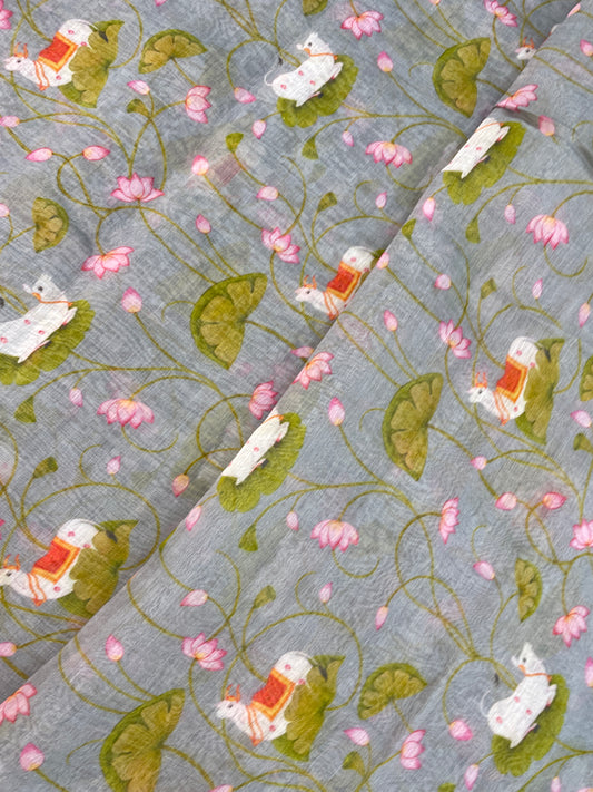 Elegant Luxurious Traditional Cow And Lotus Print On Chanderi Fabric