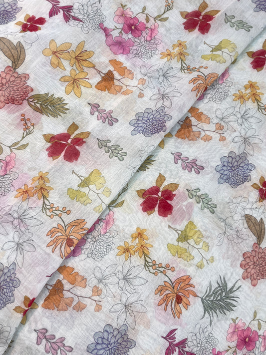 Brilliant Gorgeous Multi Color Floral Print On Chanderi Fabric