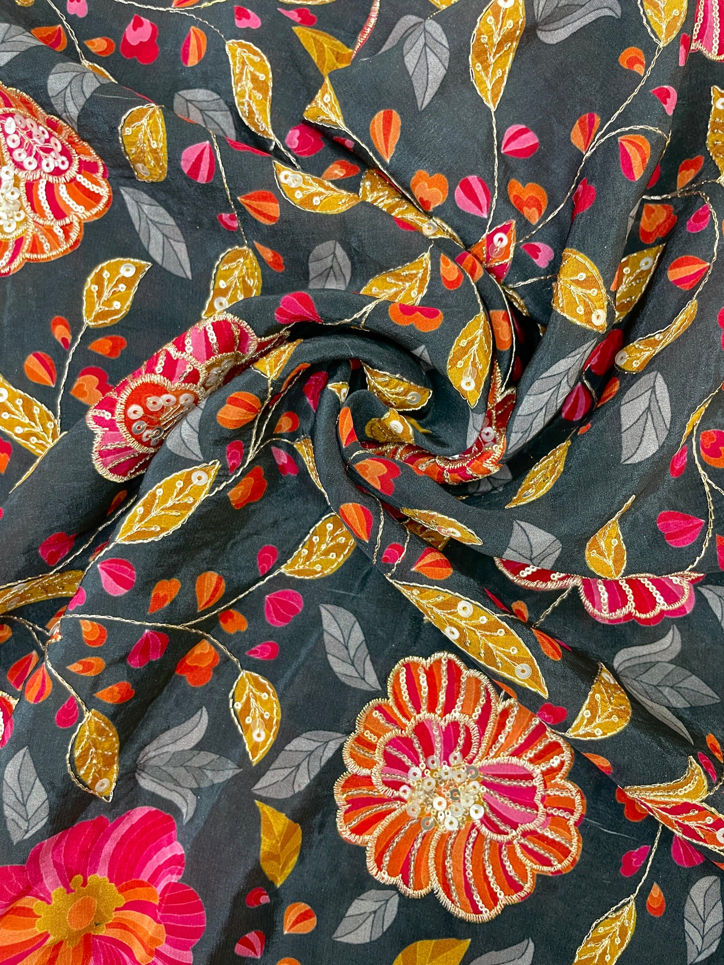 Elegant Position Floral Print With Sequins On Crepe Fabric