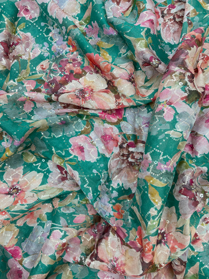 Beautiful Floral Print Embroidery With Sequins On Chinon Fabric