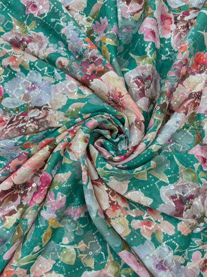 Beautiful Floral Print Embroidery With Sequins On Chinon Fabric