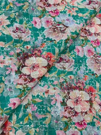 Beautiful Floral Print Embroidery With Sequins On Chinon Fabric