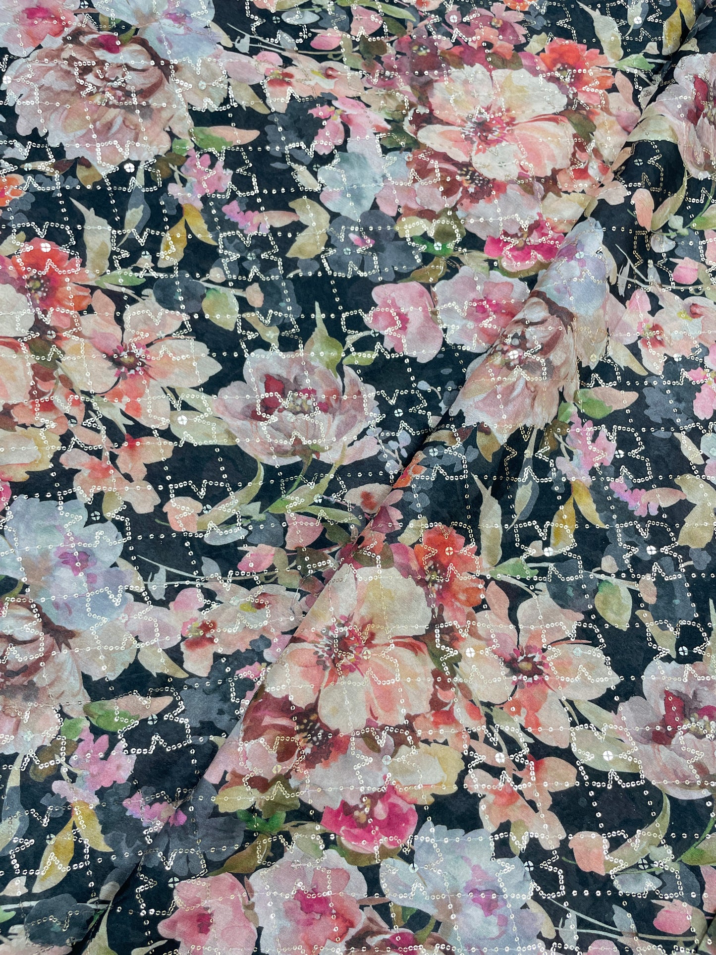 Beautiful Floral Print Embroidery With Sequins On Chinon Fabric