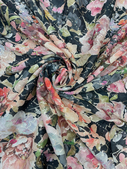 Beautiful Floral Print Embroidery With Sequins On Chinon Fabric