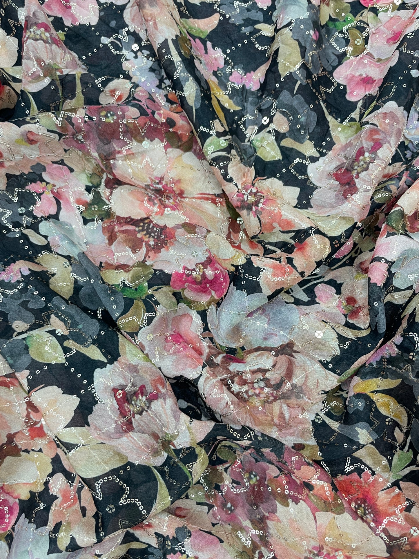 Beautiful Floral Print Embroidery With Sequins On Chinon Fabric