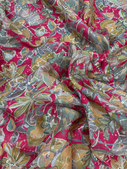 Beautiful Floral Print Embroidery With Sequins On Chinon Fabric