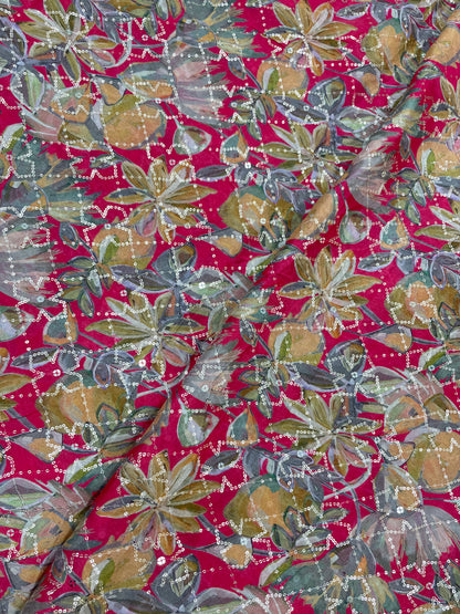 Beautiful Floral Print Embroidery With Sequins On Chinon Fabric