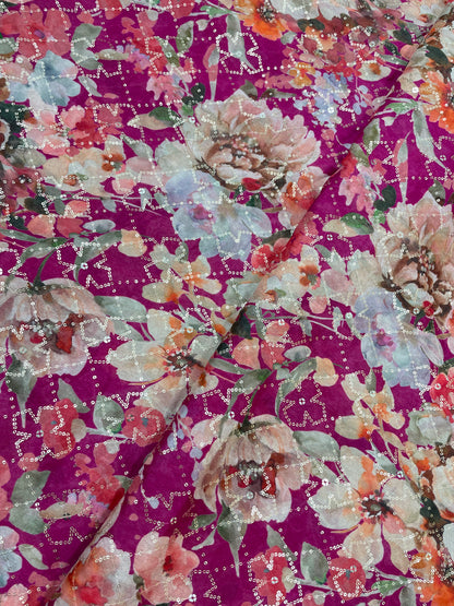 Beautiful Floral Print Embroidery With Sequins On Chinon Fabric