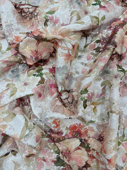 Beautiful Floral Print Embroidery With Sequins On Chinon Fabric