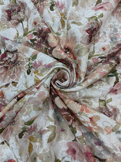 Beautiful Floral Print Embroidery With Sequins On Chinon Fabric