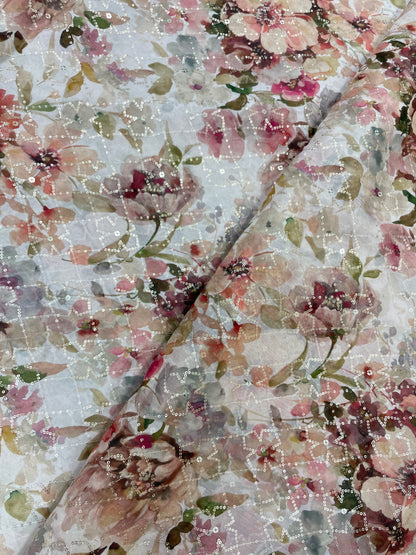 Beautiful Floral Print Embroidery With Sequins On Chinon Fabric