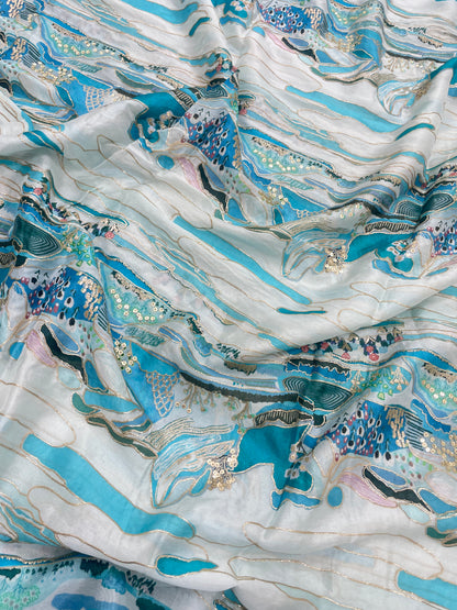 Very Luxurious Multi Color Position Print With Shiny Sequin And Zari Work On Chinon Fabric