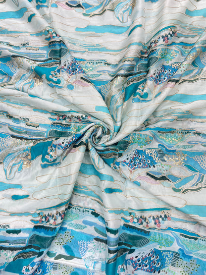 Very Luxurious Multi Color Position Print With Shiny Sequin And Zari Work On Chinon Fabric