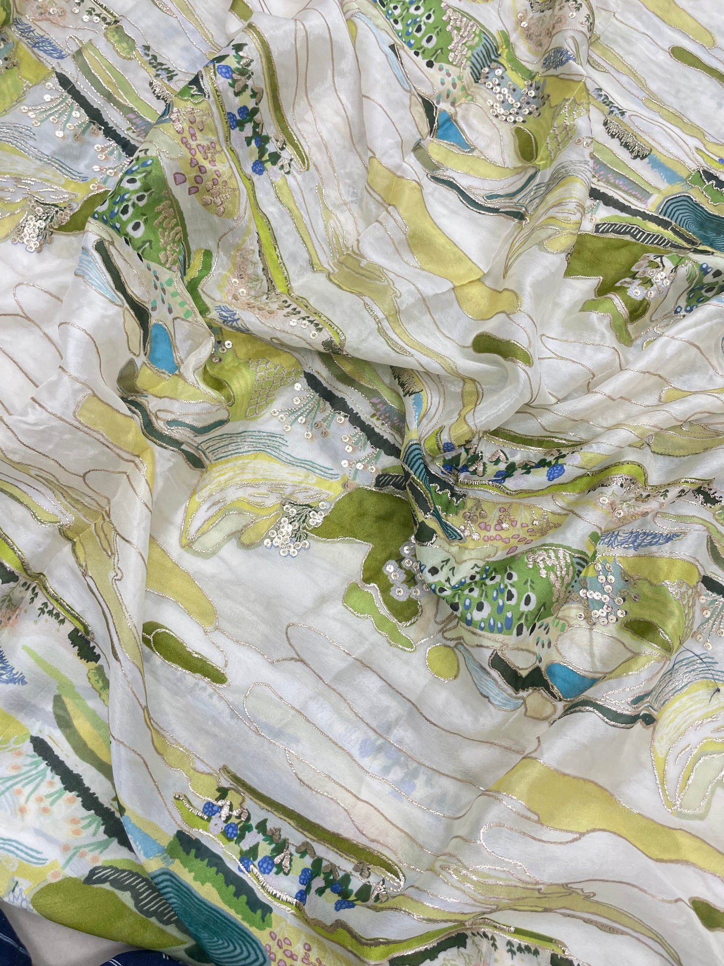 Very Luxurious Multi Color Position Print With Shiny Sequin And Zari Work On Chinon Fabric