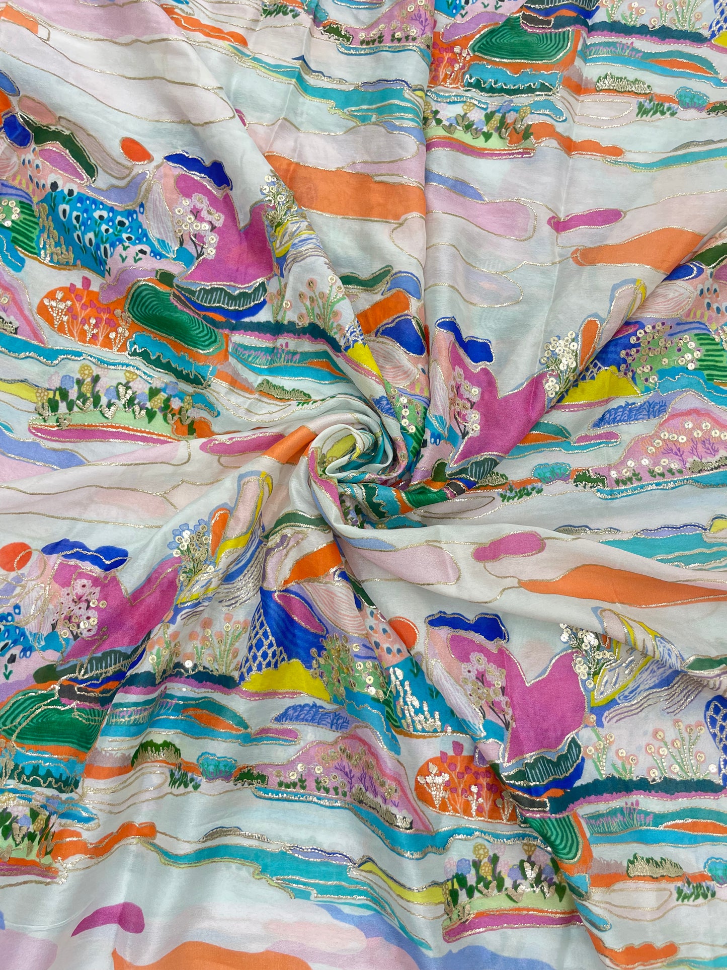 Very Luxurious Multi Color Position Print With Shiny Sequin And Zari Work On Chinon Fabric