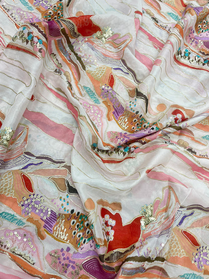 Very Luxurious Multi Color Position Print With Shiny Sequin And Zari Work On Chinon Fabric