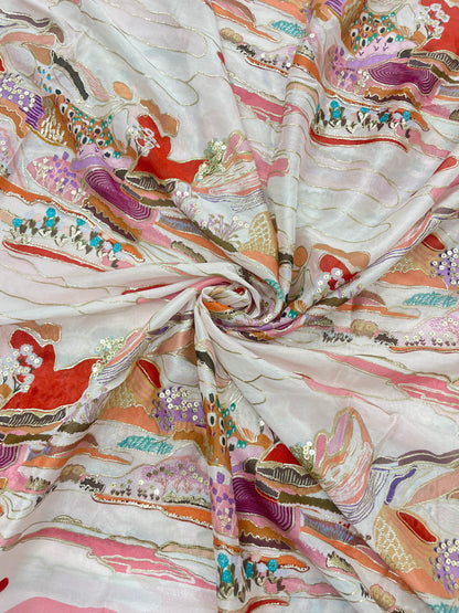 Very Luxurious Multi Color Position Print With Shiny Sequin And Zari Work On Chinon Fabric