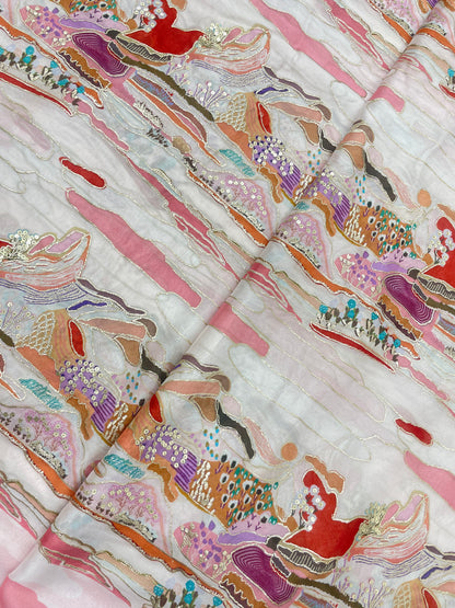 Very Luxurious Multi Color Position Print With Shiny Sequin And Zari Work On Chinon Fabric