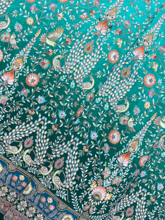 Eye Catching Bright Multi Thread Embroidery And Position Print With Sequin And Zari Work On Crepe Fabric